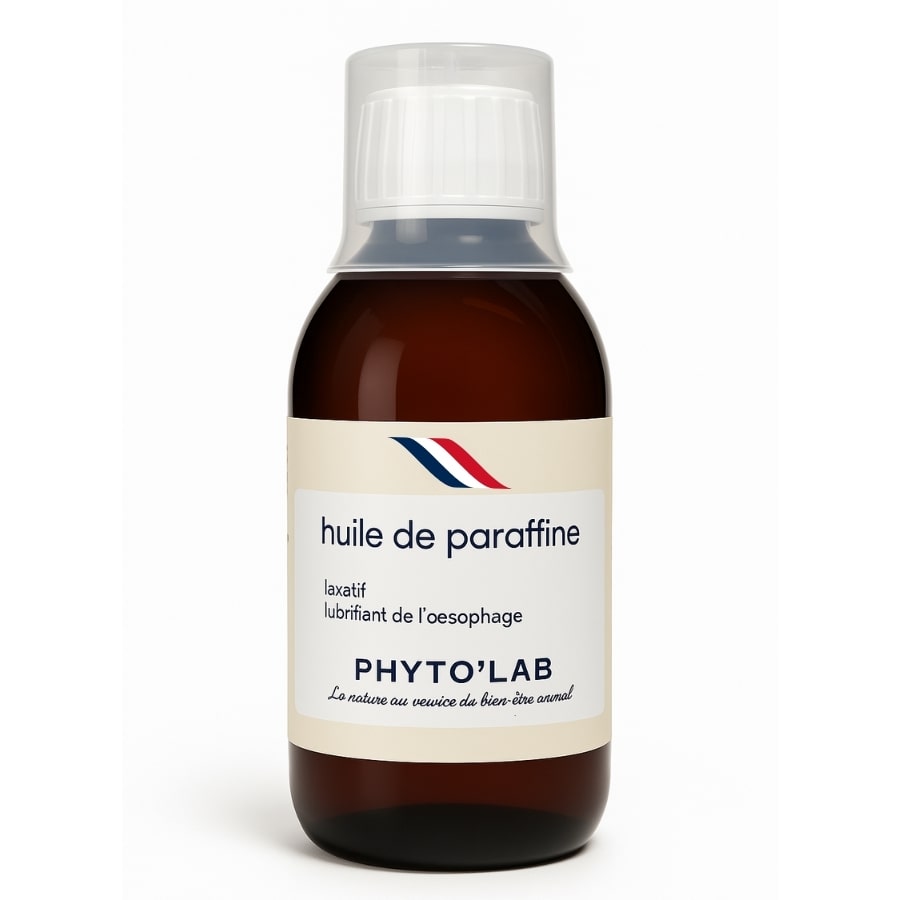 Un flacon d'huile de Paraffine - Traitement Constipation Chien et Chat - Pilagreen, avec son bouchon doseur