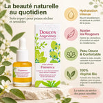 Sérum visage Flamenca bio avec flacon, packaging et bénéfices : hydratation, apaisement rougeurs