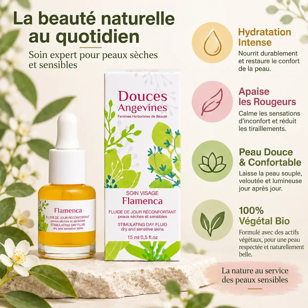 Sérum visage Flamenca bio avec flacon, packaging et bénéfices : hydratation, apaisement rougeurs