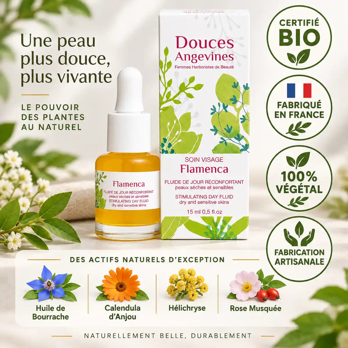 Sérum visage Flamenca bio hydratant - Bouteille dropper ambre certifiée France 100% végétal