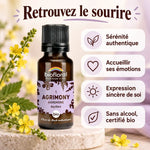 Fleur de Bach Agrimony Biofloral en granules bio, flacon ambré, avec mentions « Sérénité authentique » et « Sans alcool, certifié bio »