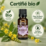 Flacon en verre ambré de Fleur de Bach Agrimony (Aigremoine) Bio Biofloral, sur fond vert sauge avec branches d'aigremoine