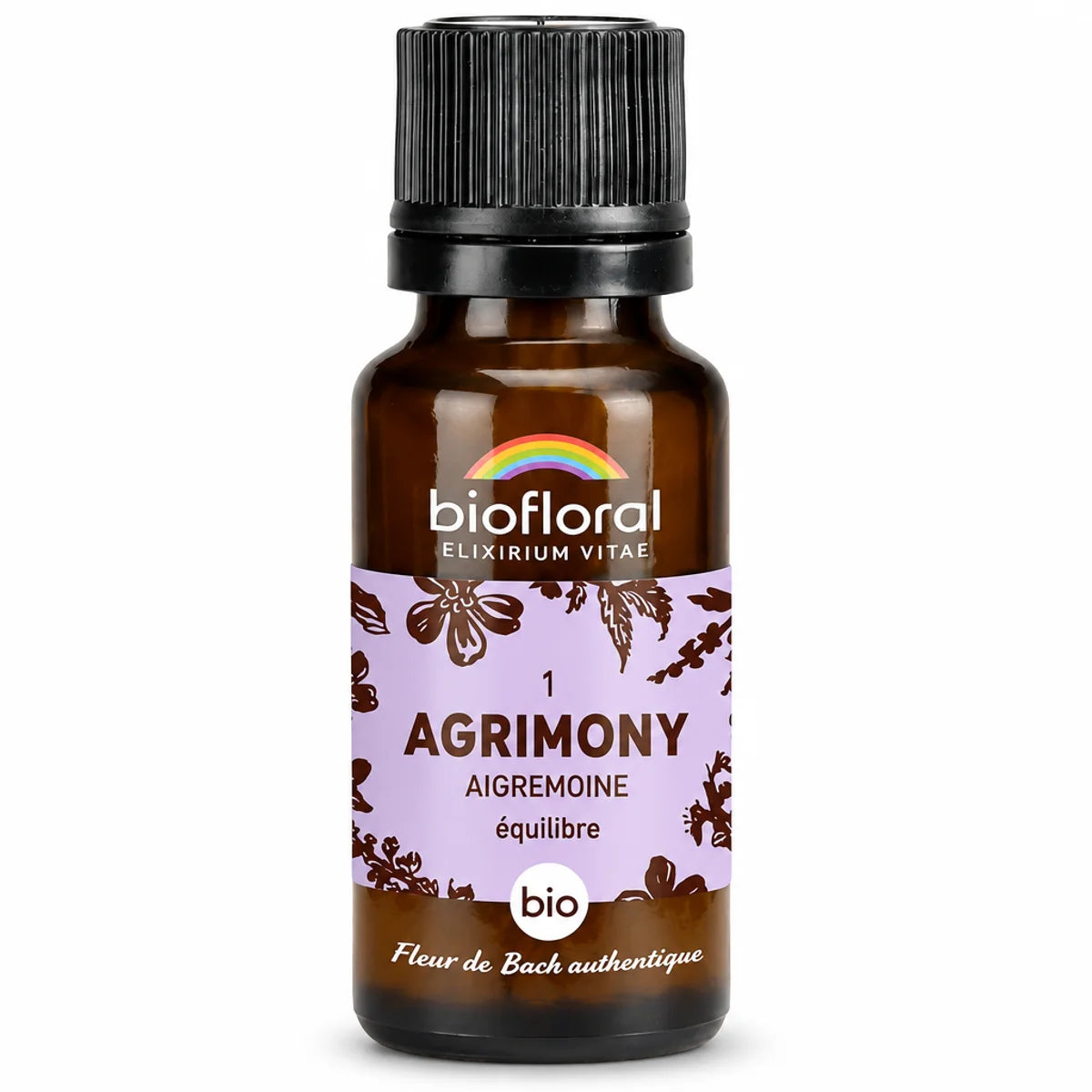 Flacon en verre ambré de fleur de Bach Agrimony (Aigremoine) Biofloral bio en granules, étiquette lavande, fond blanc