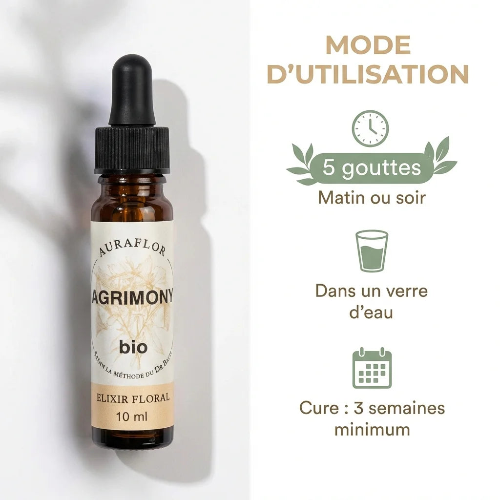 Fleur de Bach Agrimony bio 10ml Dioter avec mode d'utilisation 5 gouttes matin soir