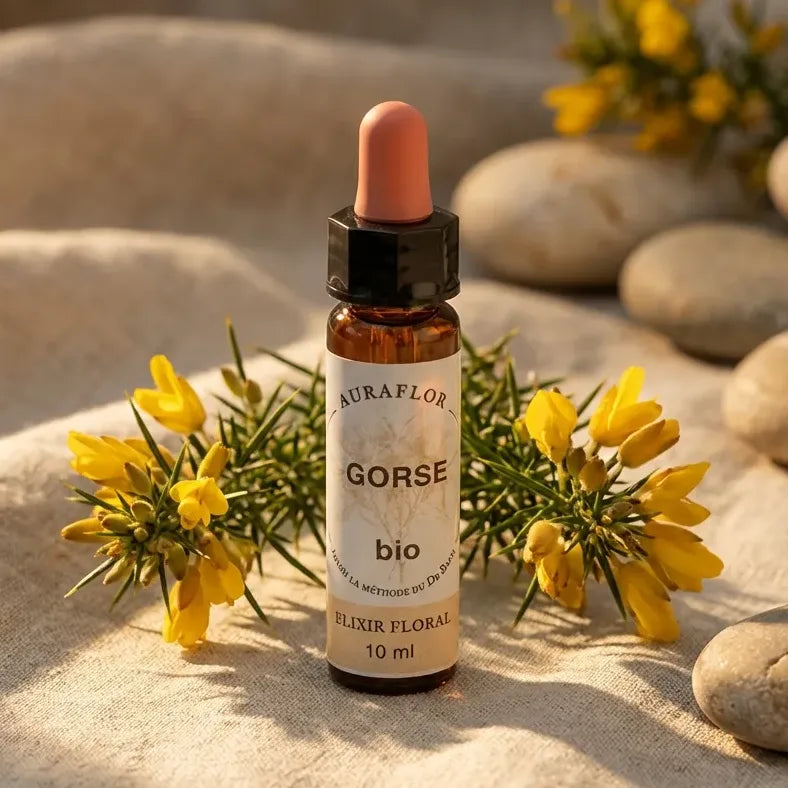 Fleur de Bach Ajonc bio 10ml Dioter avec fleurs fraîches et pierres sur lin naturel