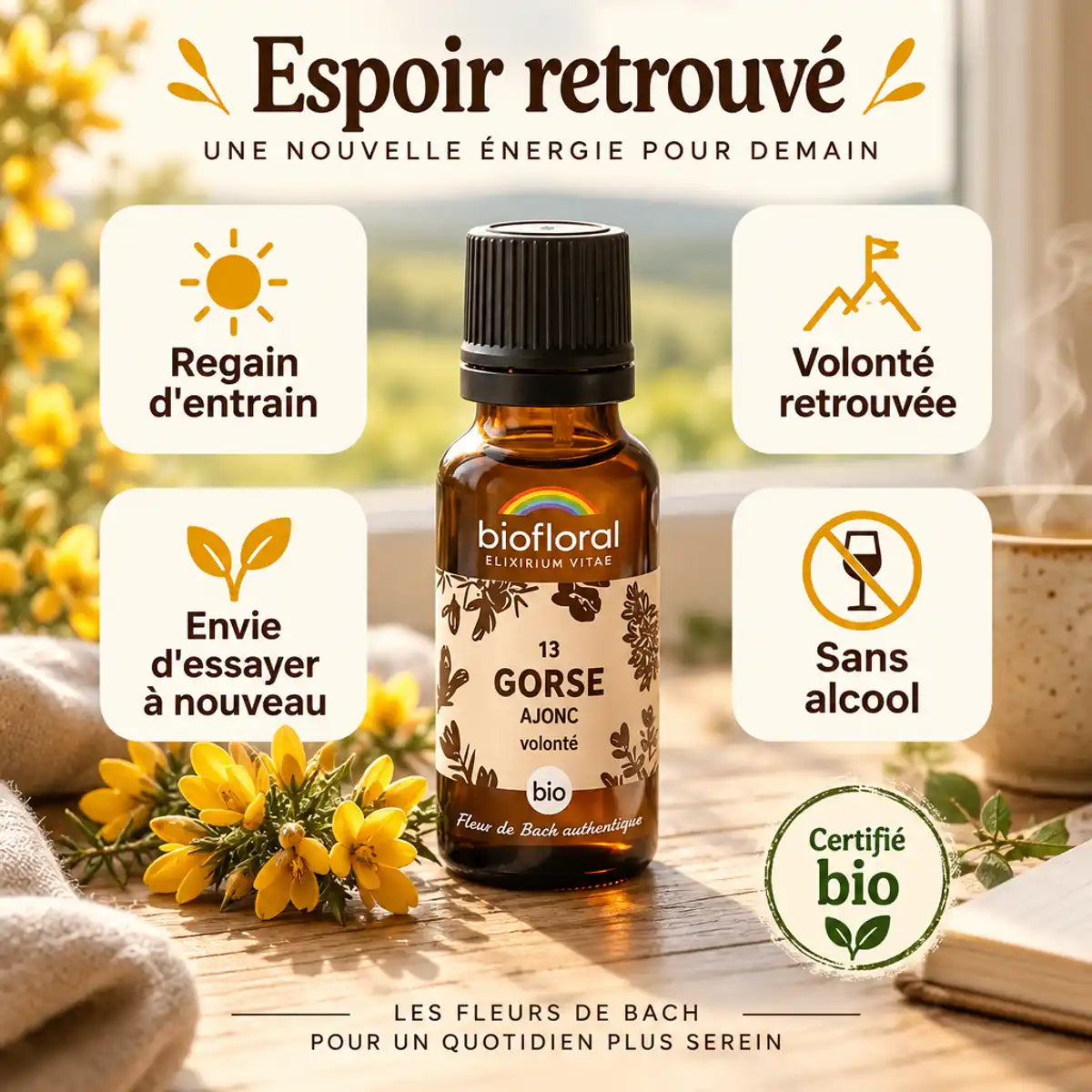 Flacon en verre ambré de fleur de Bach Ajonc (Gorse) Bio Biofloral, entouré de fleurs jaunes et de cartes d'information sur le bien-être