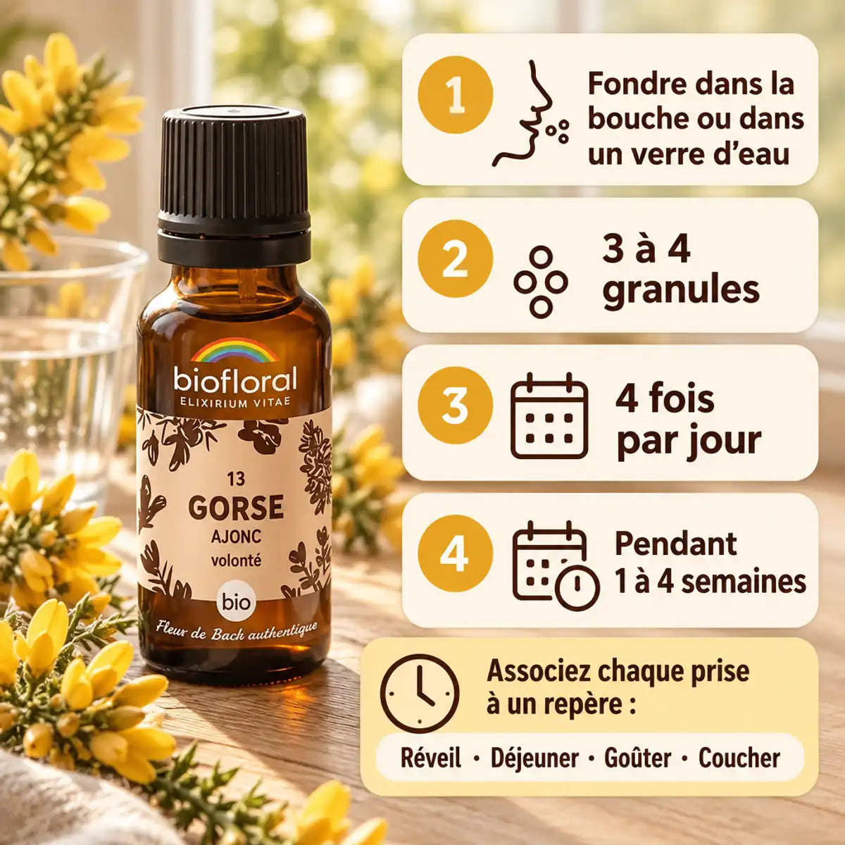 Flacon Biofloral Ajonc (Gorse) en granules, fleurs jaunes et guide des 4 étapes de prise sur fond crème