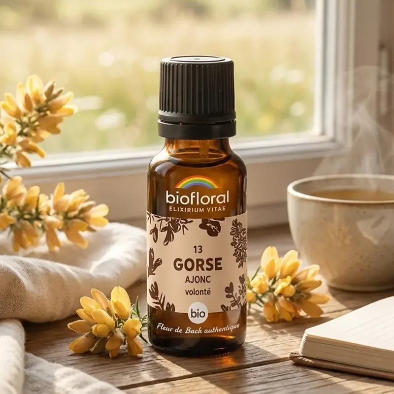 Flacon de Fleur de Bach Ajonc (Gorse) Bio Biofloral en granules, posé sur un rebord de fenêtre avec fleurs d'ajonc