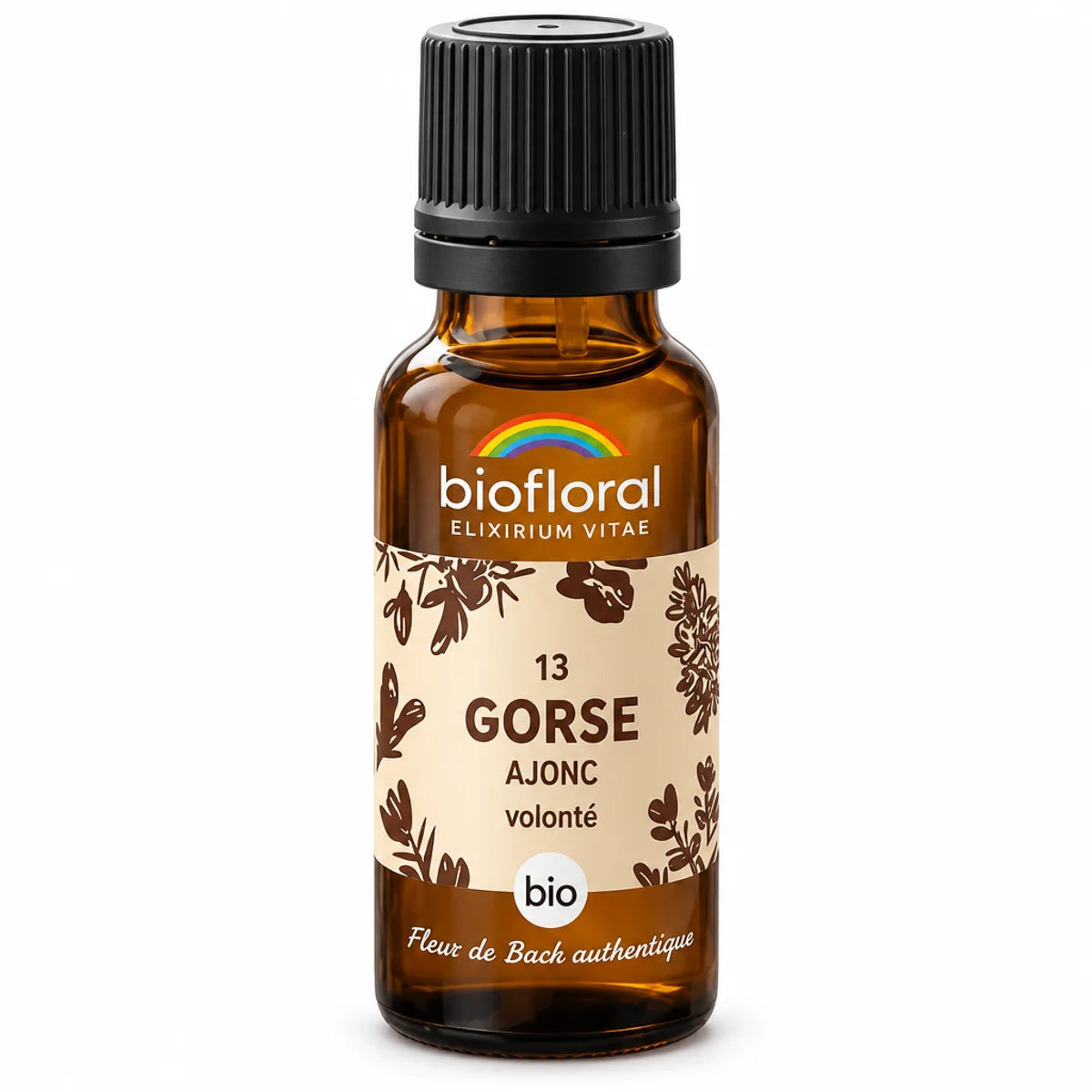 Flacon en verre ambré de Fleur de Bach Ajonc (Gorse) Bio Biofloral, granules 19,5 g, fond blanc