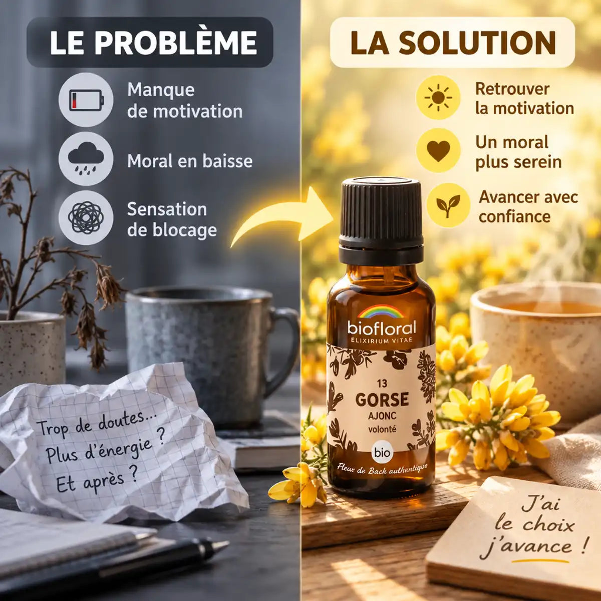 Fleur de Bach Ajonc Bio en granules Biofloral : infographie problème-solution avec flacon ambre et fleurs d'ajonc jaunes