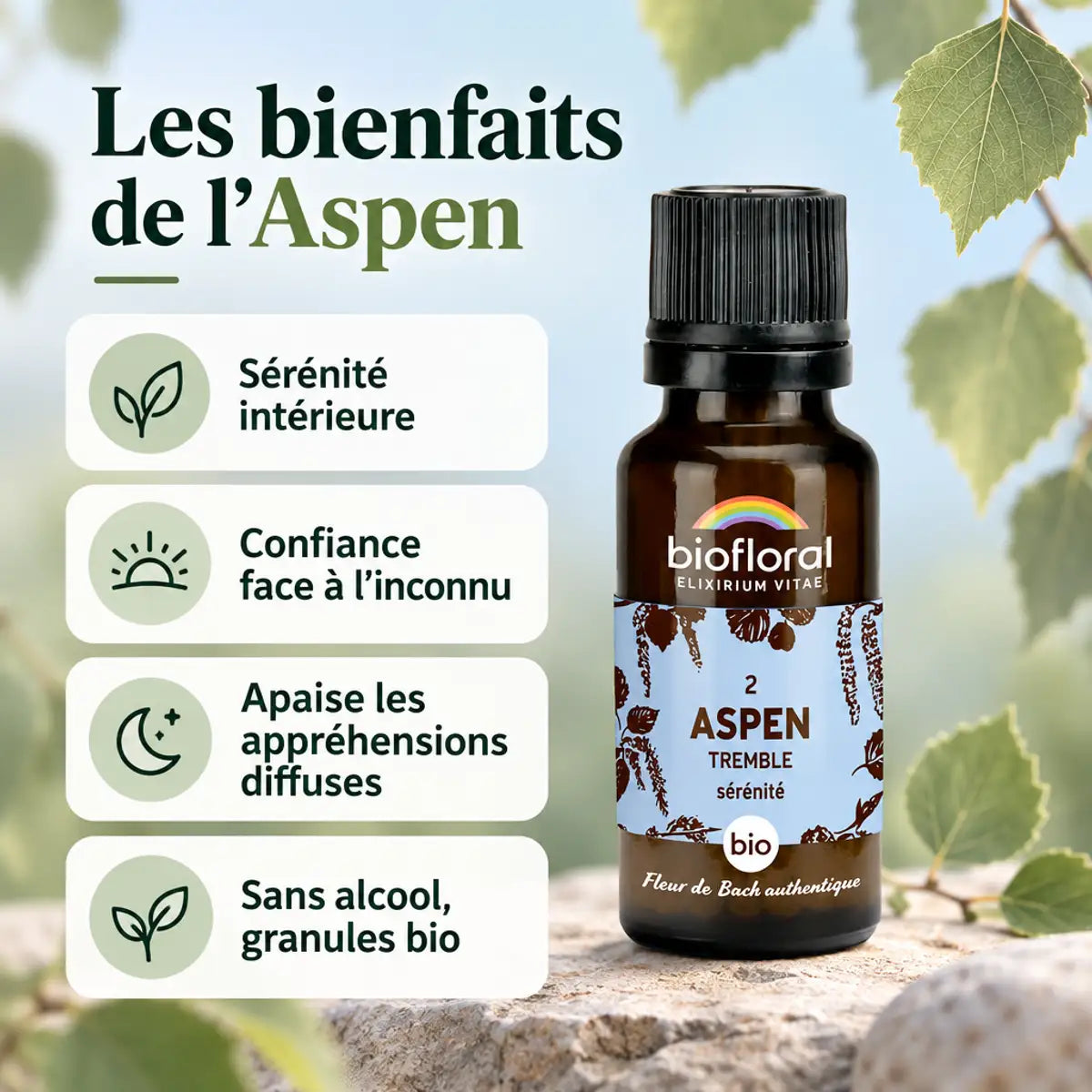 Fleur de Bach Aspen Biofloral en granules bio : flacon ambré et infographie des bienfaits sérénité et confiance