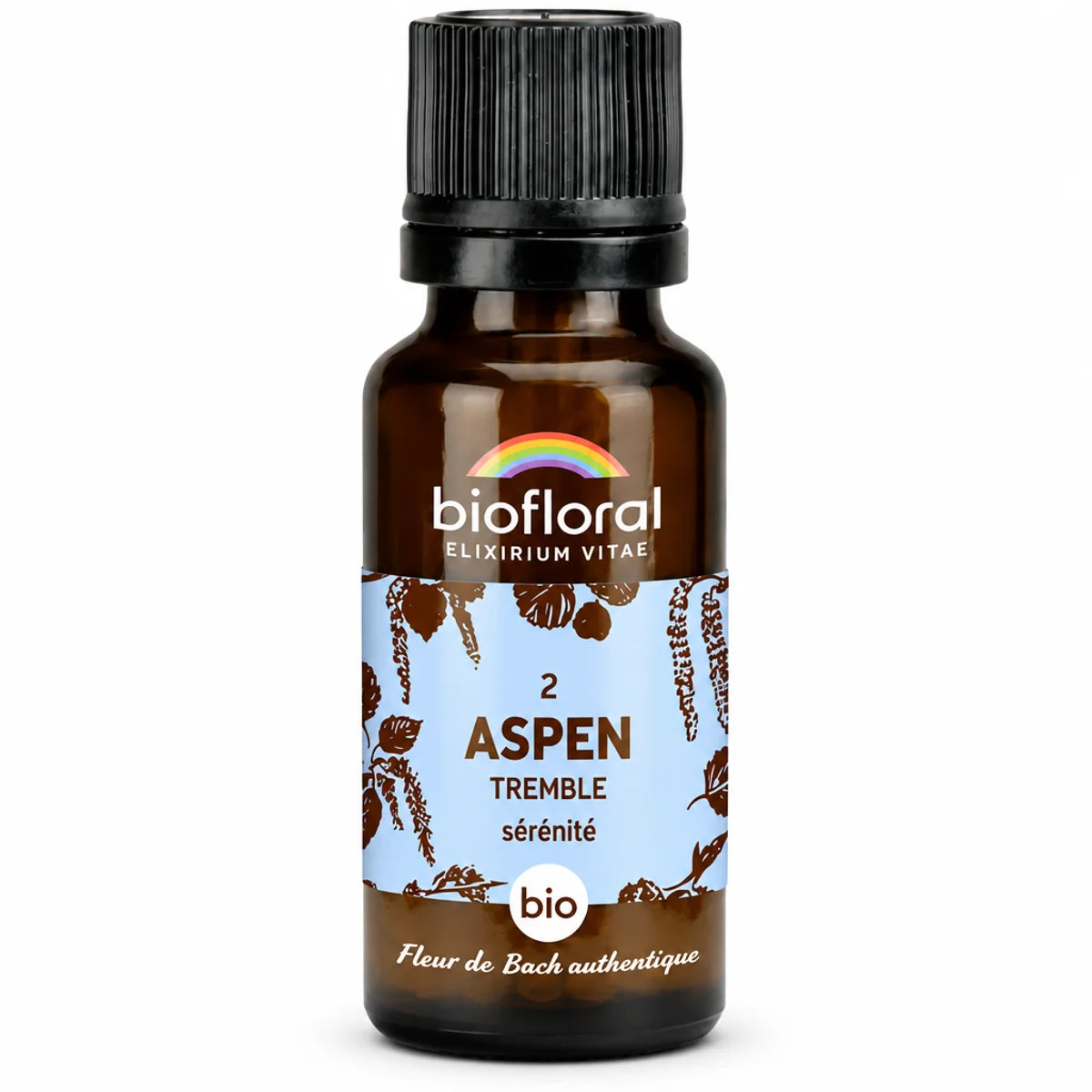 Fleur de Bach Aspen Tremble Bio Biofloral, flacon compte-gouttes ambré sur fond blanc