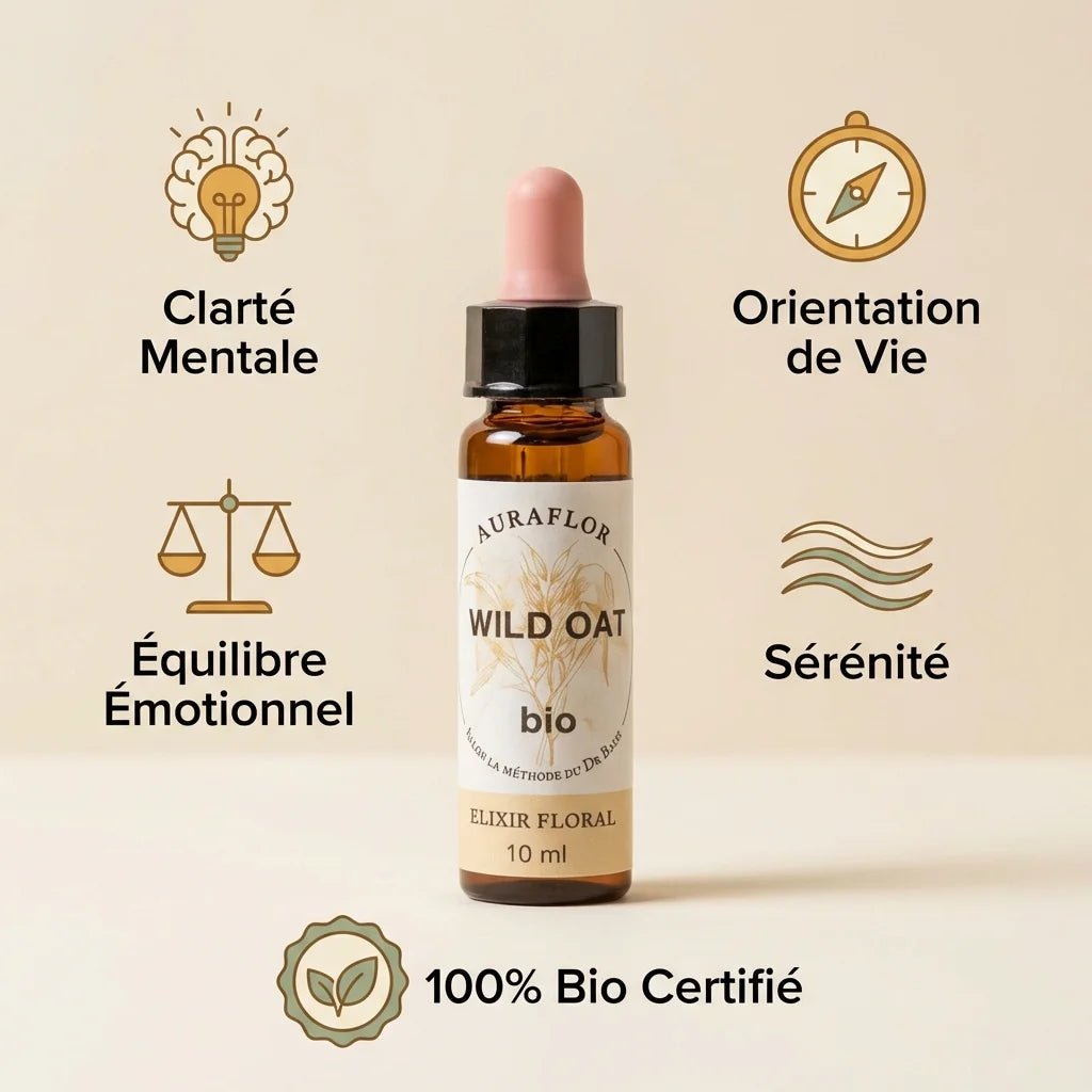 Fleur de Bach Avoine sauvage bio 10ml Dioter avec bénéfices : clarté mentale, équilibre émotionnel, sérénité