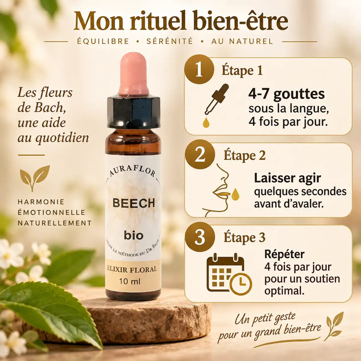 Fleur de Bach Beech bio 10ml avec instructions de dosage : 4-7 gouttes sous la langue