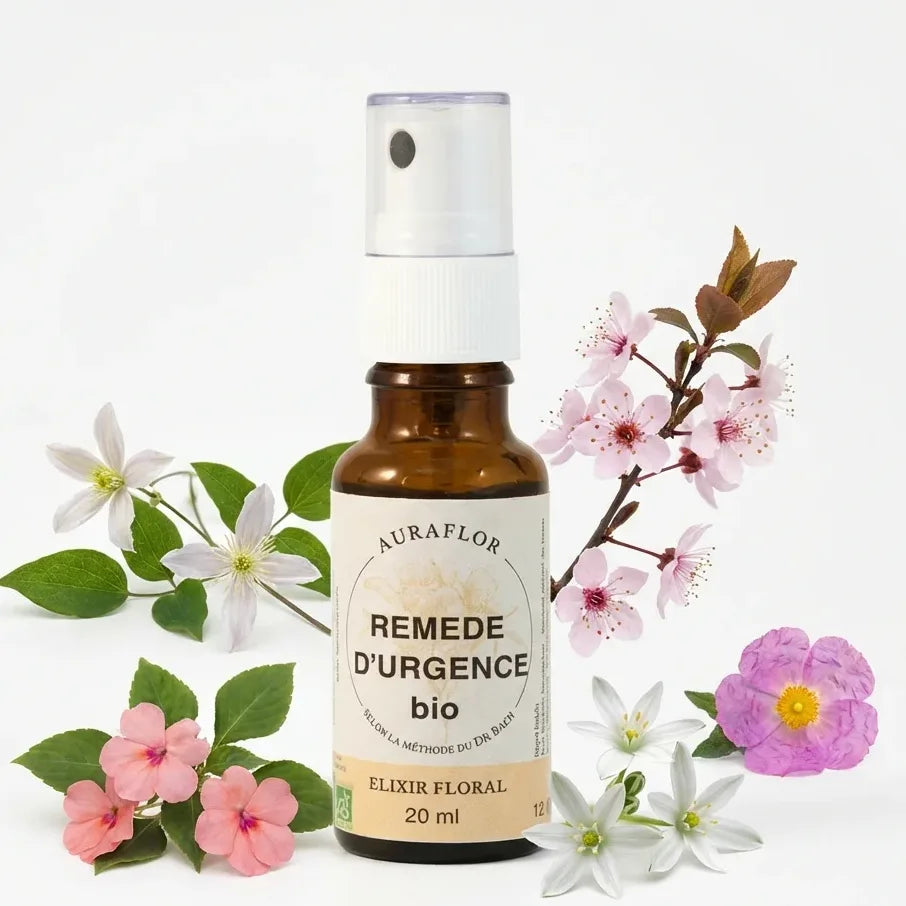 Spray Fleur de Bach bio Urgence & Stress Auraflor 20ml avec fleurs biologiques sur fond blanc