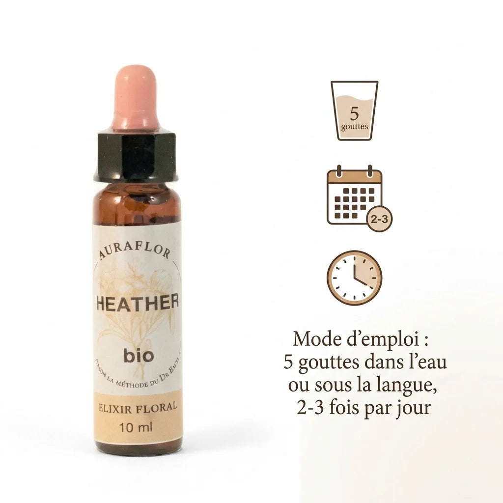 Fleur de Bach bruyère bio 10ml Dioter avec guide posologie 5 gouttes eau langue