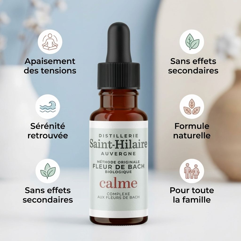 Fleur de Bach Calme bio 20ml Distillerie Saint-Hilaire avec infographie bienfaits naturels