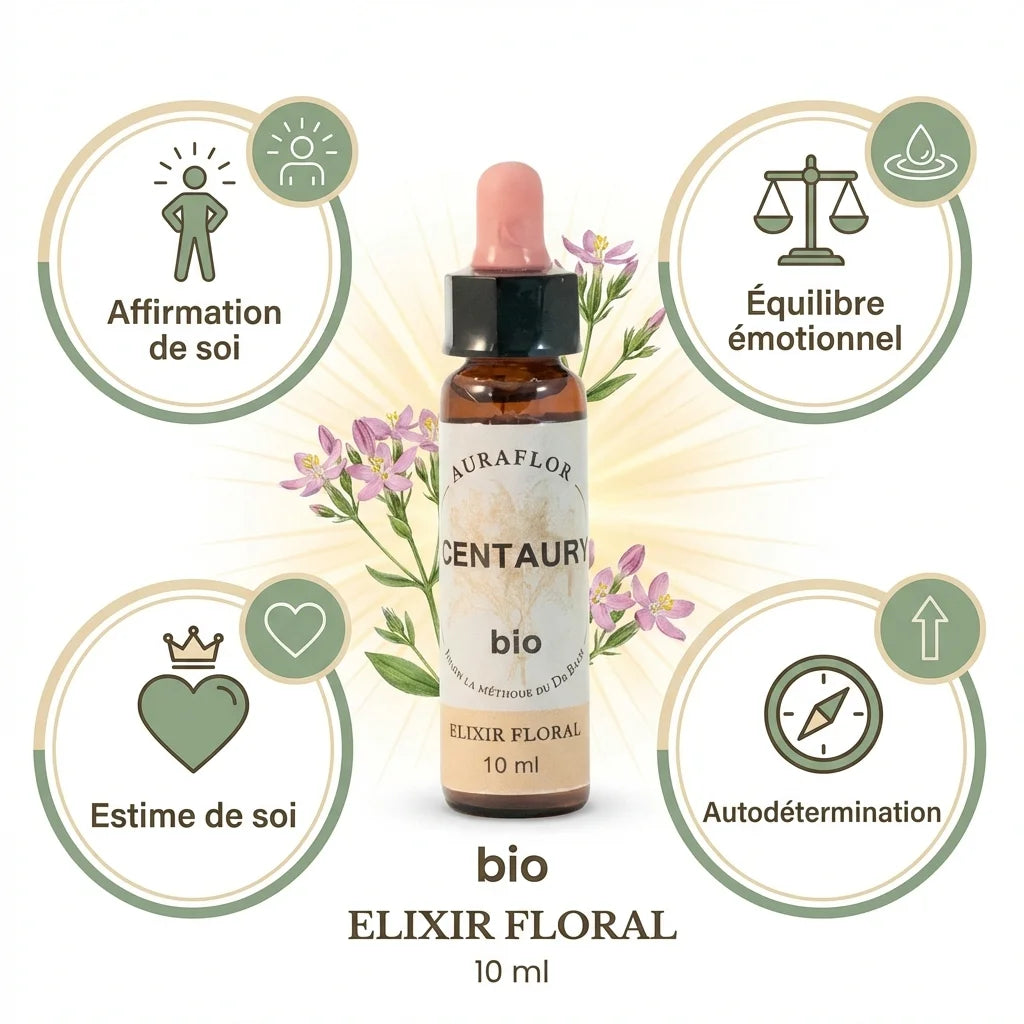 Fleur de Bach Centaurée bio 10ml avec bénéfices : affirmation de soi, équilibre émotionnel, estime de soi