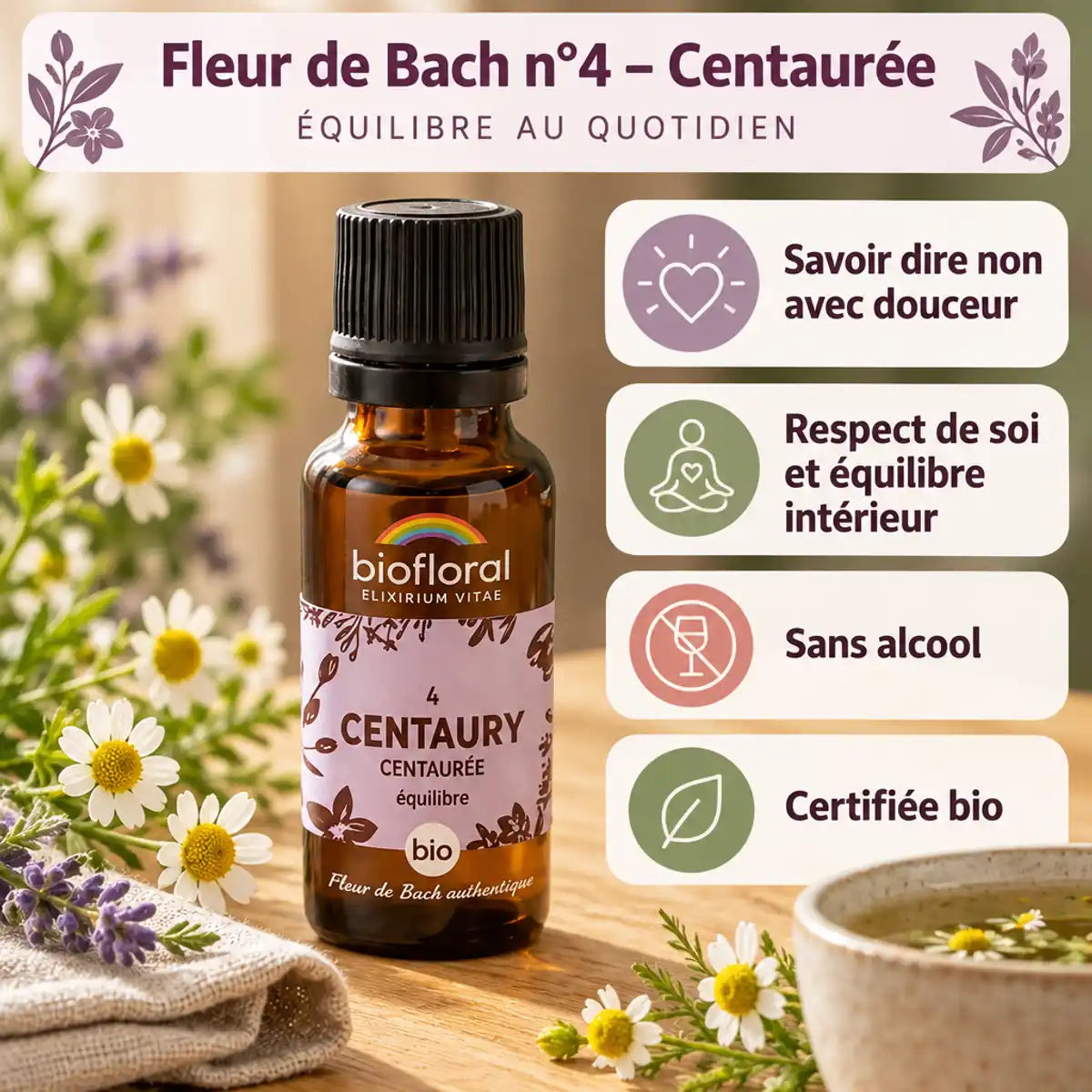 Flacon en verre ambré Fleur de Bach Centaurée Bio Biofloral, granules, entouré de fleurs de centaurée et d'une tisane