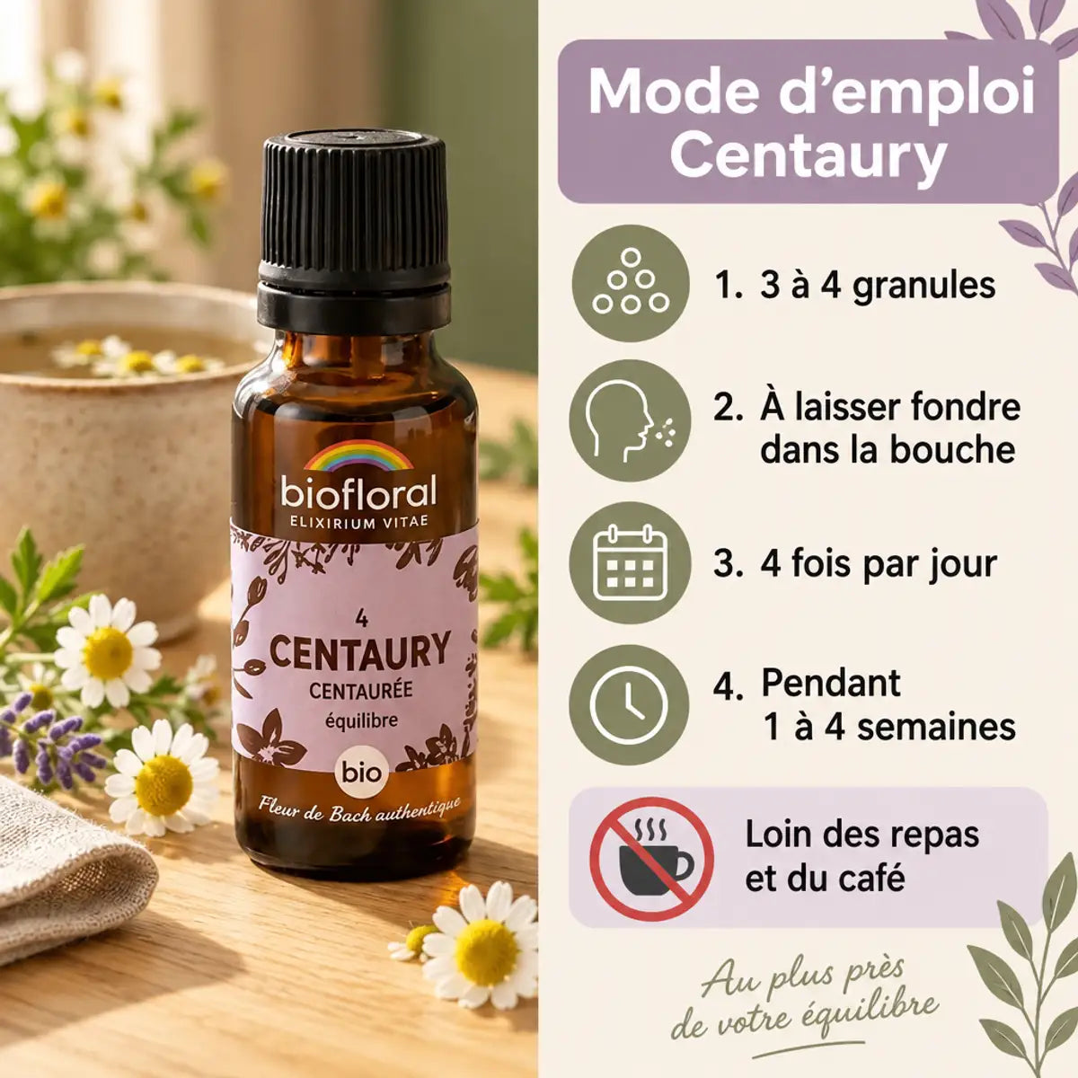 Fleur de Bach Centaury Bio en granules Biofloral 19,5 g, mode d'emploi et flacon sur table en bois