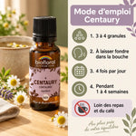 Fleur de Bach Centaury Bio en granules Biofloral 19,5 g, mode d'emploi et flacon sur table en bois