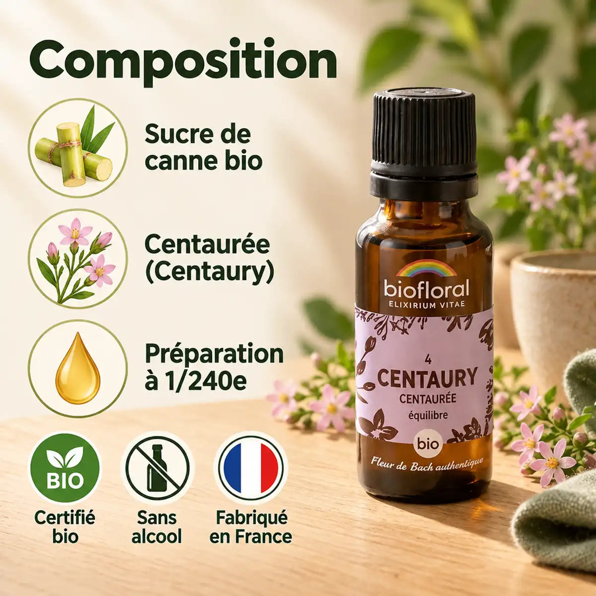 Flacon Fleur de Bach Centaurée bio en granules Biofloral 19,5 g, composition sucre de canne et centaurée sur fond bois clair