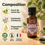 Flacon Fleur de Bach Centaurée bio en granules Biofloral 19,5 g, composition sucre de canne et centaurée sur fond bois clair