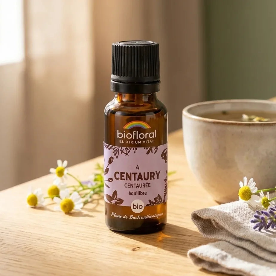 Flacon ambré de fleur de Bach Centaurée bio en granules, posé sur une table en bois avec tisane et lin, lumière naturelle