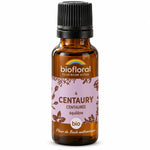 Flacon en verre ambré de Fleur de Bach Centaurée Bio Biofloral, granules 19,5 g, étiquette lilas, fond blanc