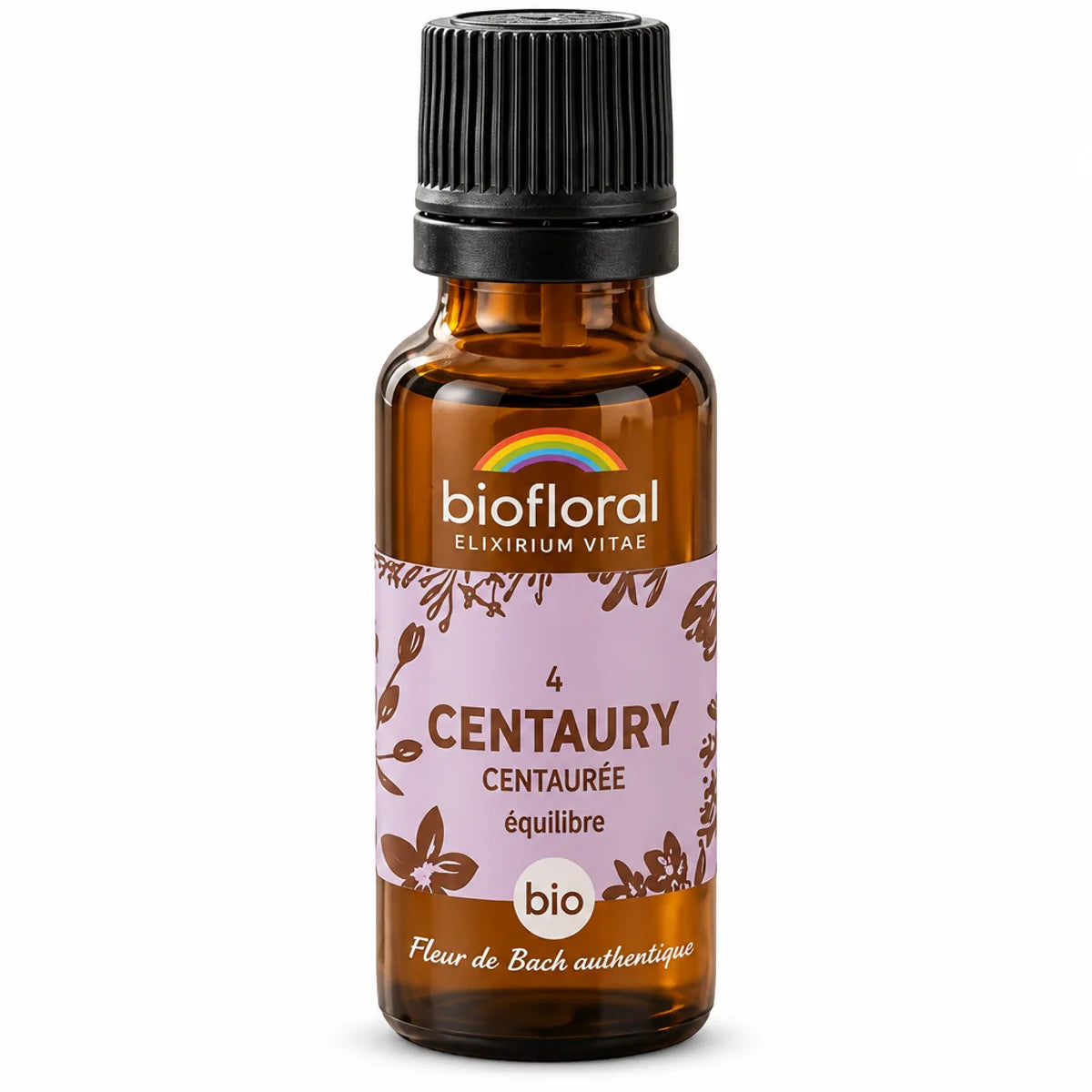 Flacon en verre ambré de Fleur de Bach Centaurée Bio Biofloral, granules 19,5 g, étiquette lilas, fond blanc