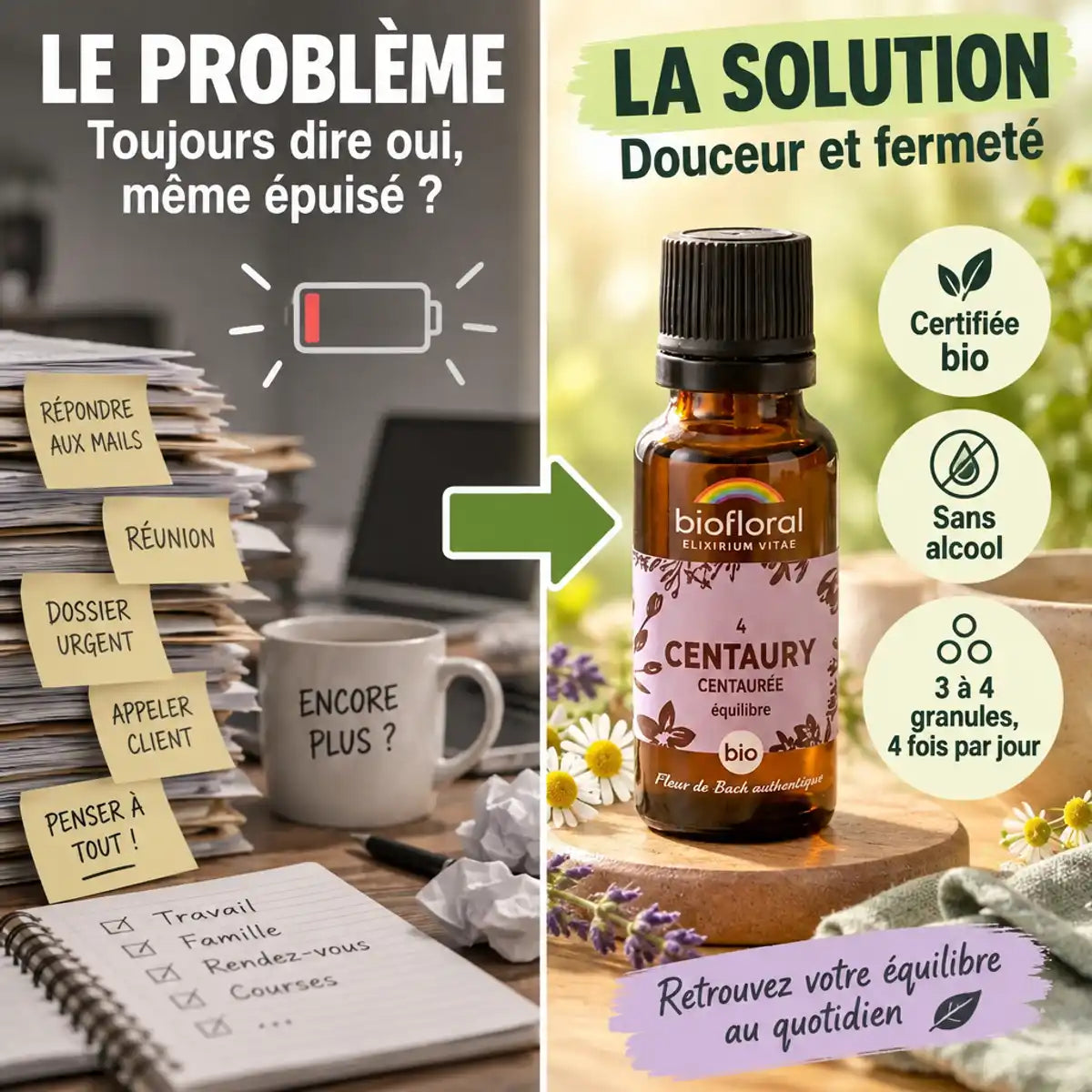 Fleur de Bach Centaurée bio en granules Biofloral 19,5 g : infographie problème-solution pour retrouver douceur et fermeté