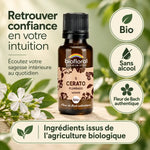 Flacon en verre ambré de Fleur de Bach Cerato (Plumbago) Bio Biofloral en granules, avec badges « Bio » et « Sans alcool »