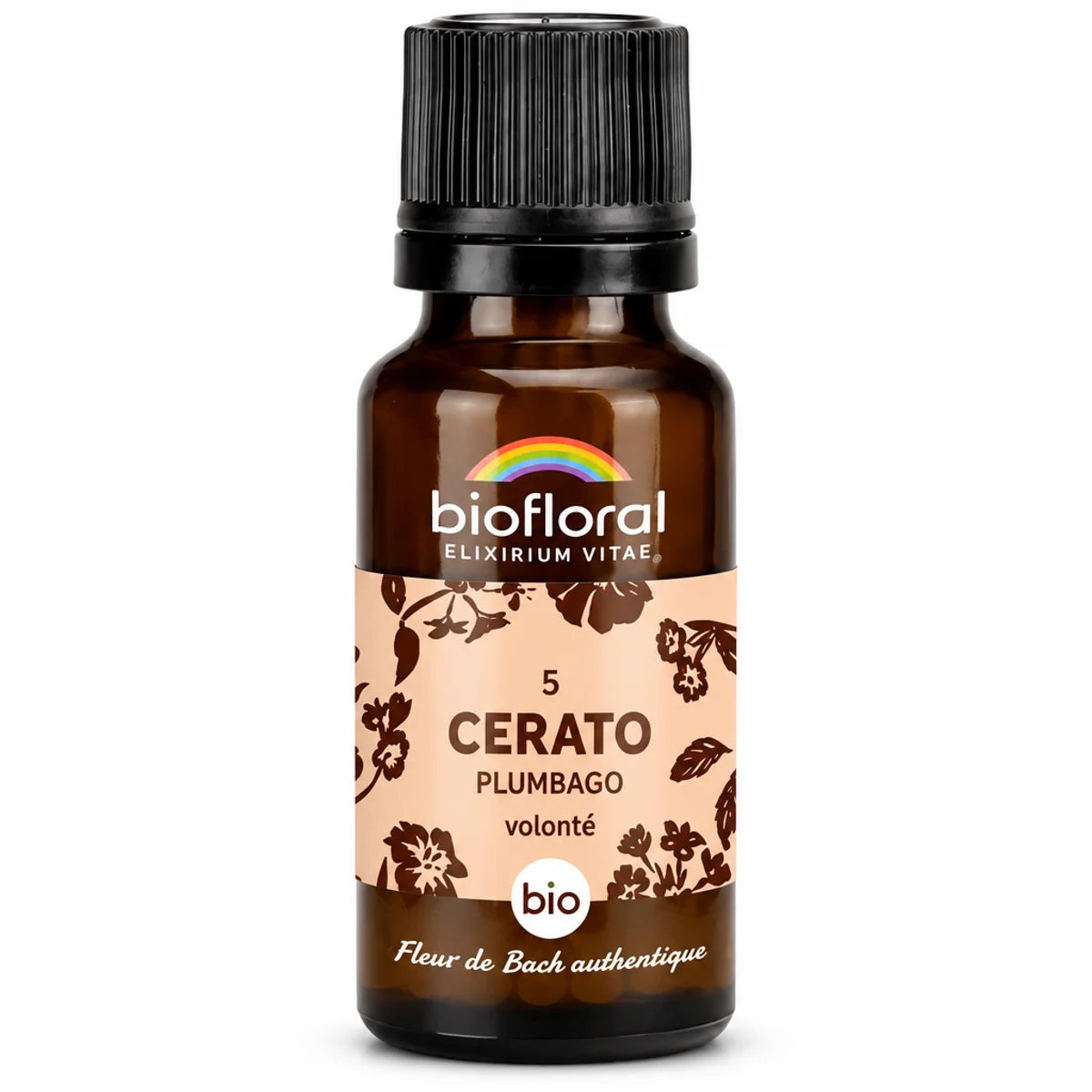 Flacon en verre ambré Fleur de Bach Cerato (Plumbago) Bio en granules 19,5 g Biofloral sur fond blanc