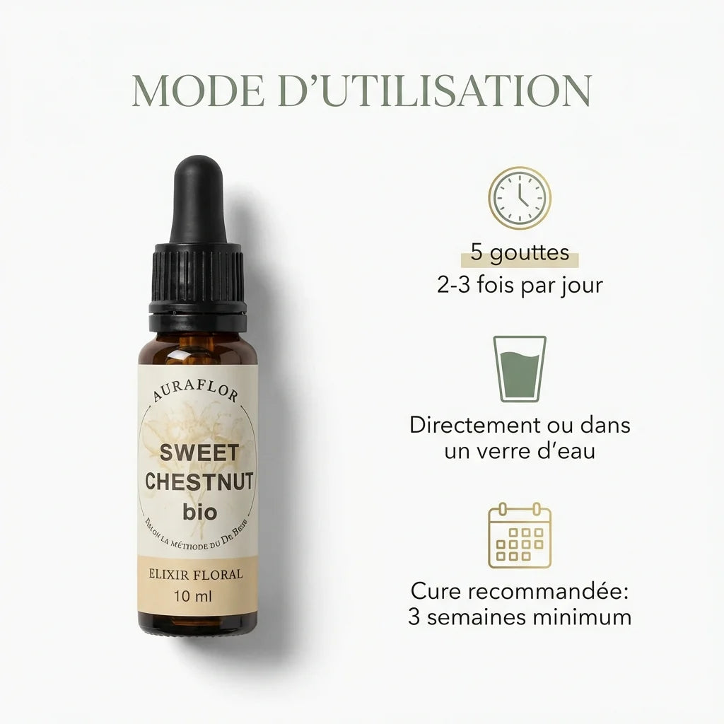 Fleur de Bach Châtaigner Bio 10ml avec mode d'utilisation: 5 gouttes 2-3 fois par jour