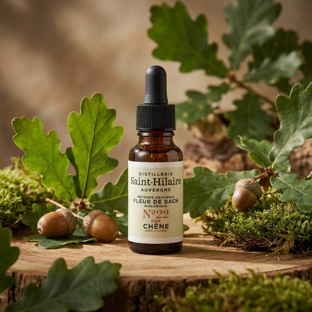 Fleur de Bach Chêne n°22 20ml Saint-Hilaire avec feuilles de chêne sur bois naturel