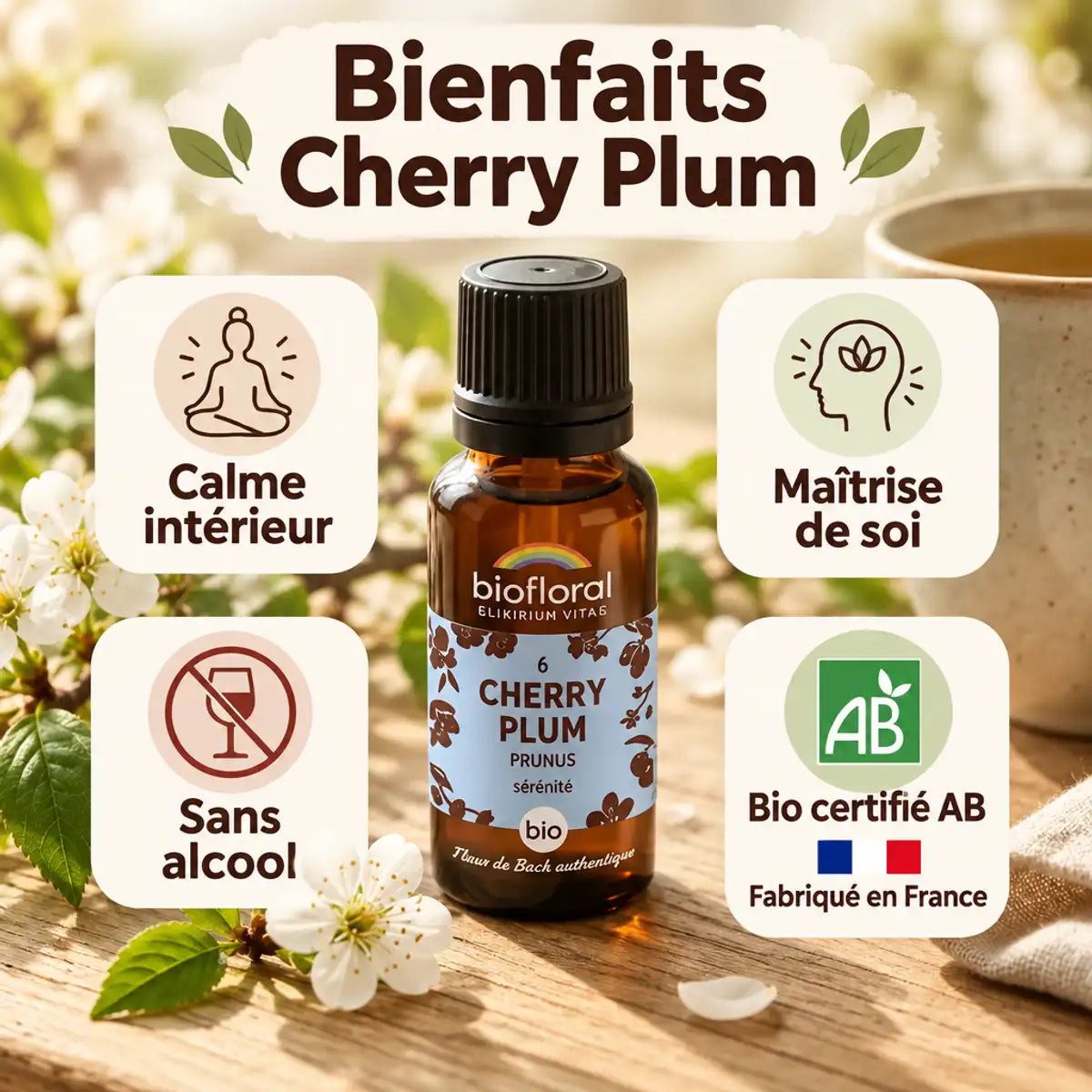 Flacon Biofloral Cherry Plum Prunus bio en granules, fleur de Bach pour le calme intérieur, sur table en bois avec fleurs de cerisier
