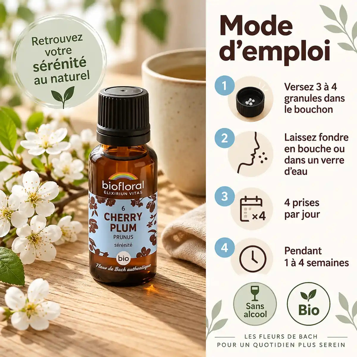 Flacon Fleur de Bach Cherry Plum Biofloral en granules avec mode d'emploi en 4 étapes, badges Sans alcool et Bio