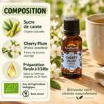 Flacon Biofloral Fleur de Bach Cherry Plum (Prunus) en granules, avec composition, fleurs de cerisier et badges bio et sans alcool
