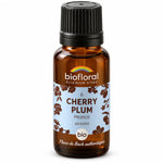 Flacon en verre ambré de Fleur de Bach Cherry Plum (Prunus) Bio Biofloral en granules, étiquette bleue au motif de fleurs de prunier