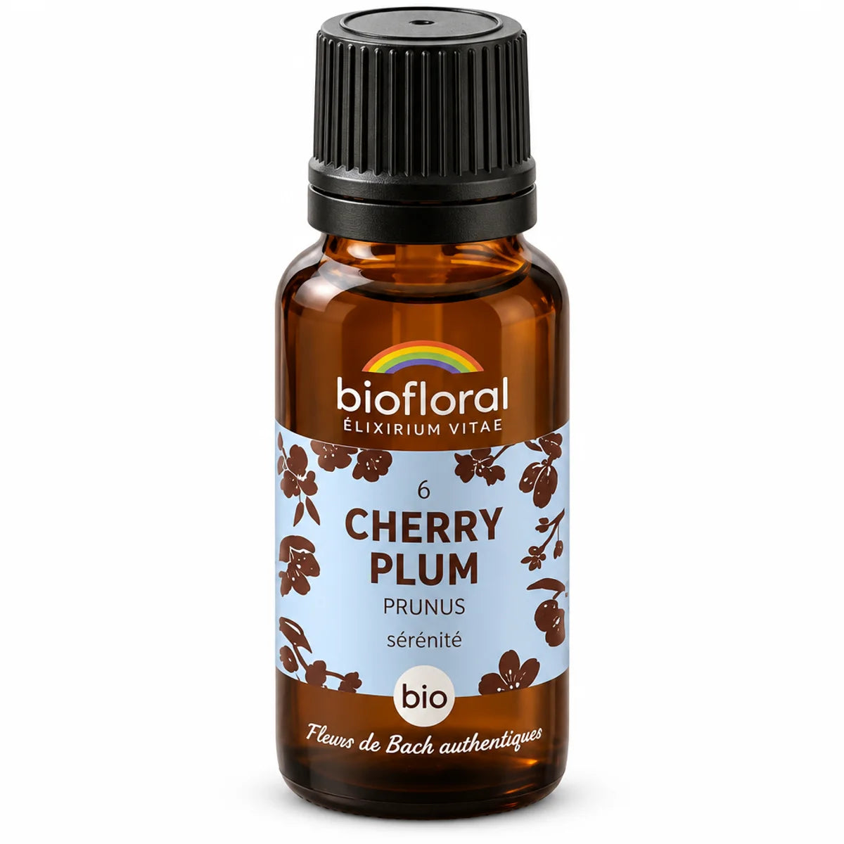 Flacon en verre ambré de Fleur de Bach Cherry Plum (Prunus) Bio Biofloral en granules, étiquette bleue au motif de fleurs de prunier