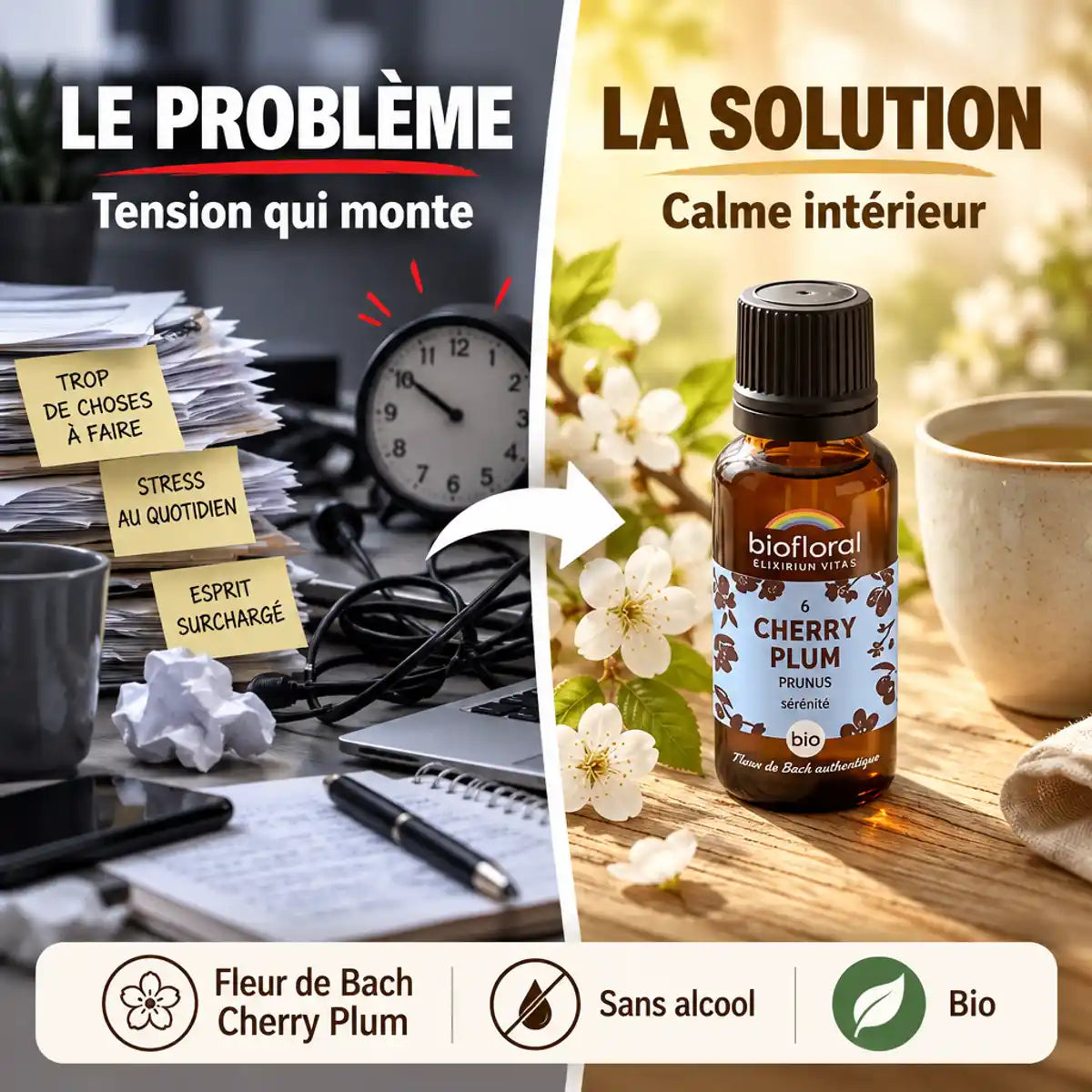 Infographie problème-solution : bureau encombré et stress à gauche, table apaisée avec le flacon Fleur de Bach Cherry Plum Biofloral bio à droite