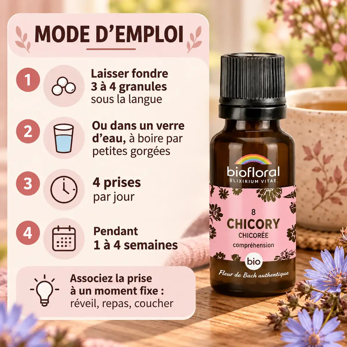 Flacon Biofloral Fleur de Bach Chicorée bio en granules, mode d'emploi sous la langue, 4 prises par jour
