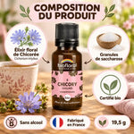 Fleur de Bach Chicorée Bio Biofloral en granules 19,5 g, flacon ambré et composition du produit sur fond pastel
