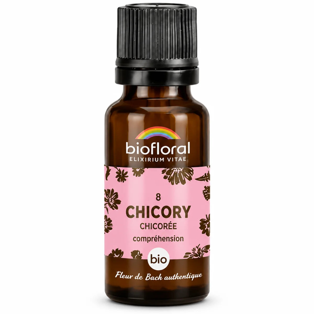 Flacon en verre ambré Biofloral Fleur de Bach Chicorée bio en granules, étiquette rose, fond blanc