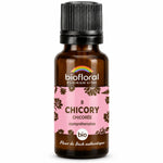 Flacon en verre ambré Biofloral Fleur de Bach Chicorée bio en granules, étiquette rose, fond blanc