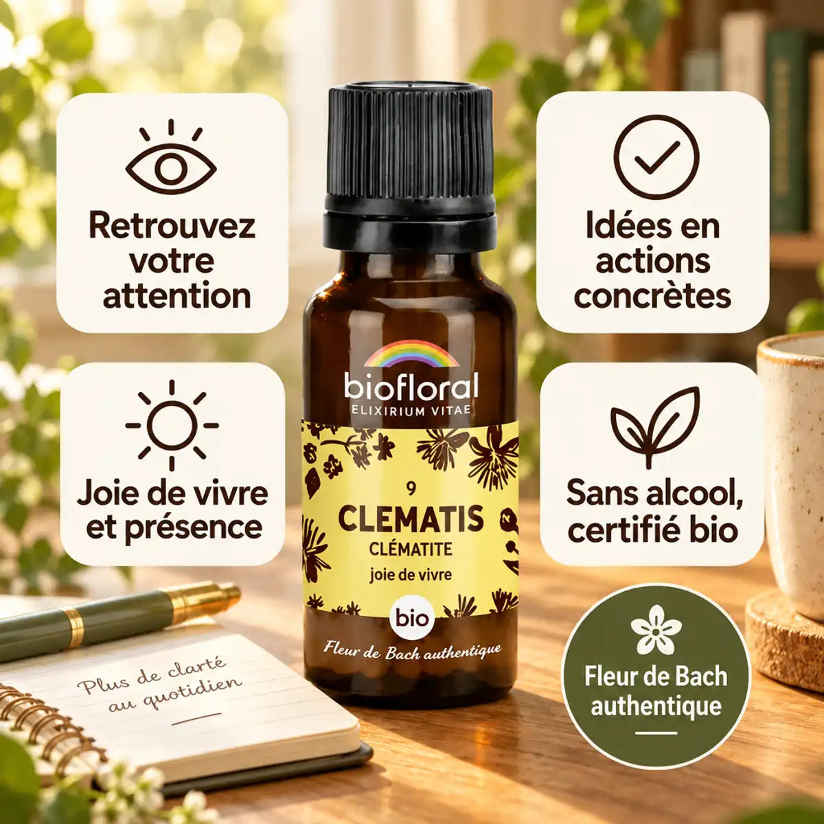 Flacon en verre ambré de fleur de Bach Clématite Biofloral en granules, bio, sans alcool, sur un bureau en bois ensoleillé