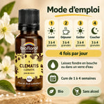 Flacon Fleur de Bach Clematis Bio en granules avec mode d'emploi : 3 à 4 granules, 4 fois par jour, cure de 1 à 4 semaines