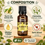Flacon Fleur de Bach Clématite bio en granules Biofloral (19,5 g), fond crème, étiquettes "Sucre de canne bio", "Dilution 1/240e", "Sans alcool"