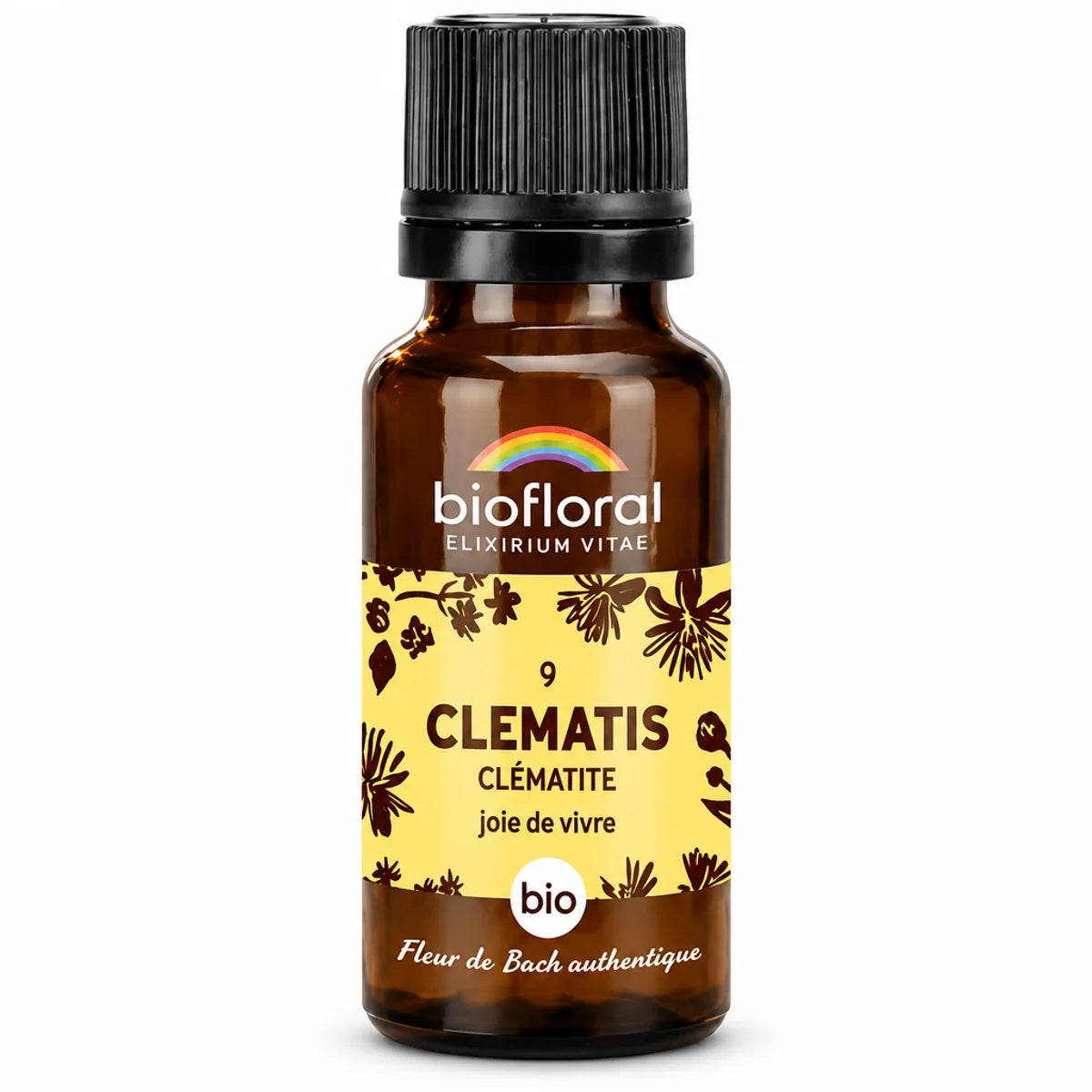 Flacon en verre ambré de Fleur de Bach Clématite Bio Biofloral en granules, 19,5 g, fond blanc