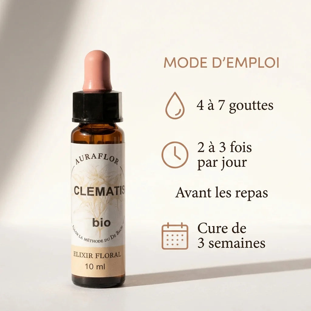 Fleur de Bach Clématite bio 10ml avec mode d'emploi, 4 à 7 gouttes, 2 à 3 fois par jour
